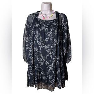 Millibon Black Dress  pink green brown Floral pattern Sheer Layer Tieback Ruffle